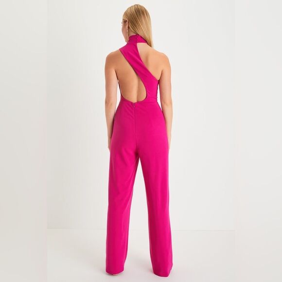 NWT Lulus Keep It Interesting Hot Pink Asymmetrical Halter Jumpsuit Size Medium - Picture 4 of 12